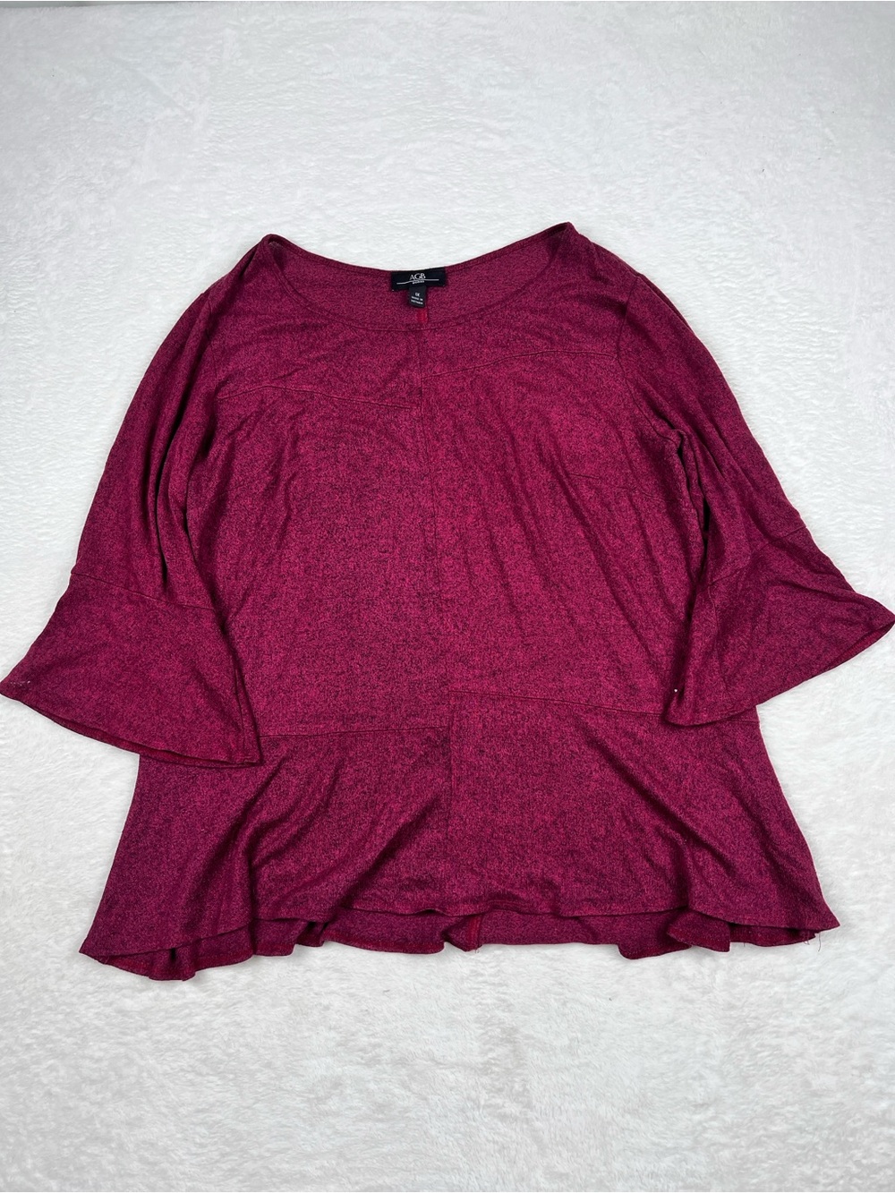 AGB Woman Plus Size 1X Burgundy Bell Sleeve Ruffle Hem Tunic Top